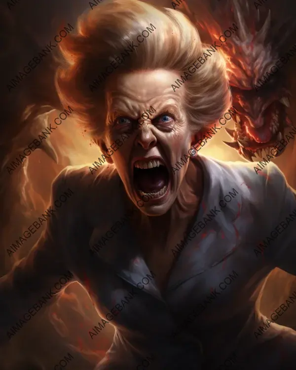 Witness the vibrant caricature of Margaret Thatcher depicted through captivating digital art