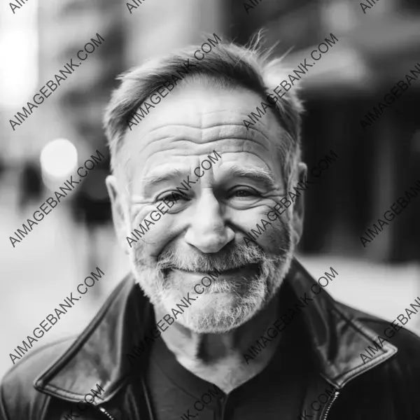 Smiling face: Robin Williams, looking towards us