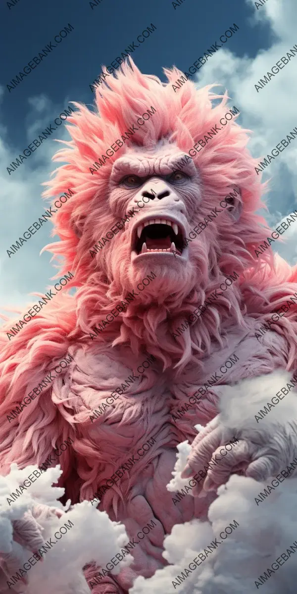 Colorful Ape: Soaring with its Pink Mane over a Blue Cloudscape