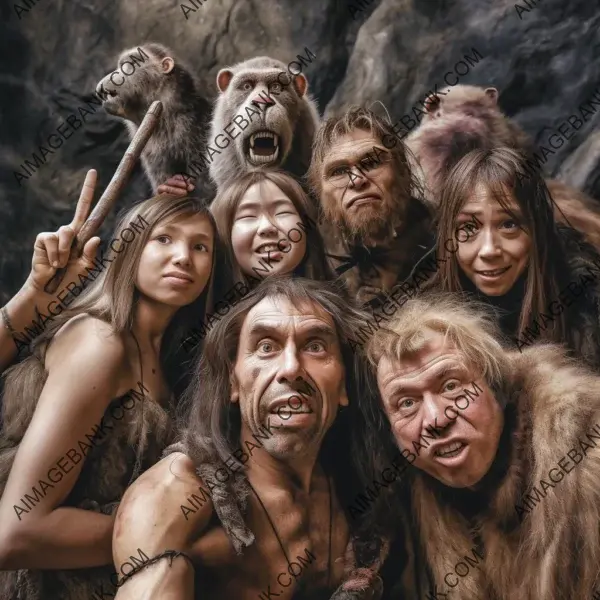 Selfie of a Neanderthal and His Family in Their Daily Life