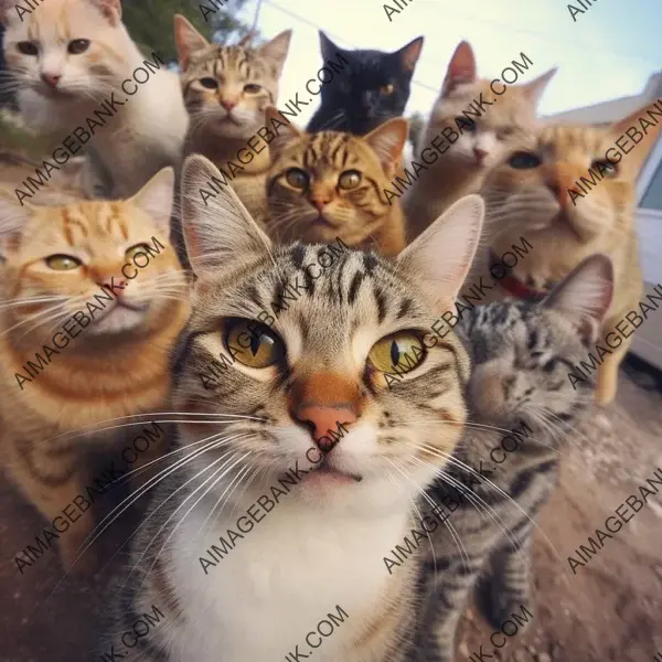 Playful Cat Gang Capturing Selfies with Their Smartphones