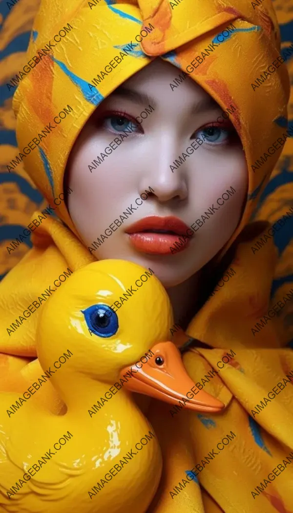 Vibrantly surreal avian fashion model in a close-up shot