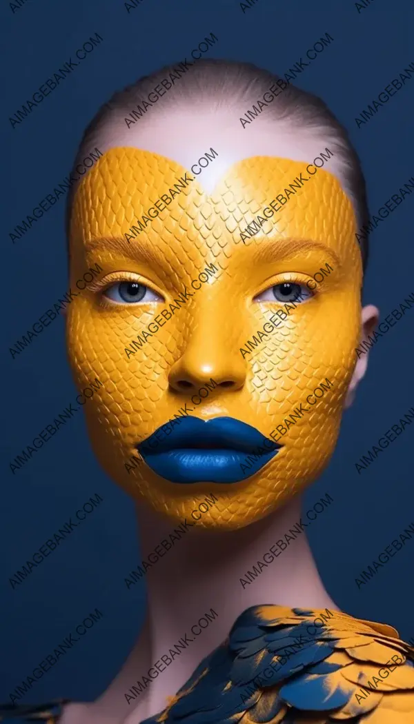 Close-up capturing the vibrantly surreal avian face of a fashion model