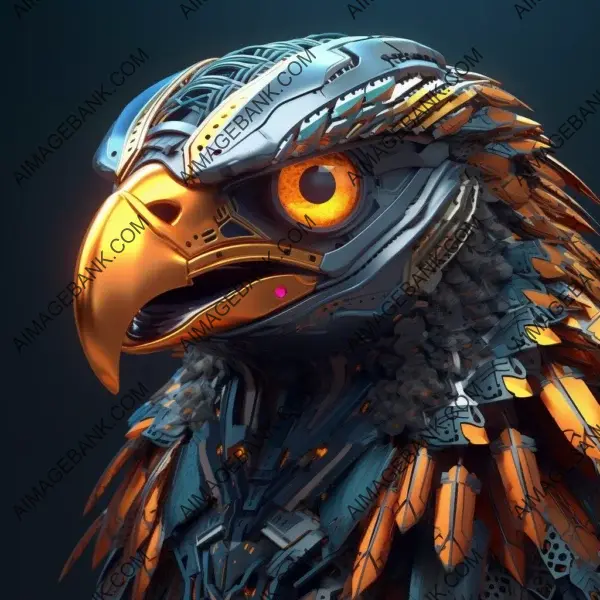 Colorful robotic eagle head motif in a stunning rendering