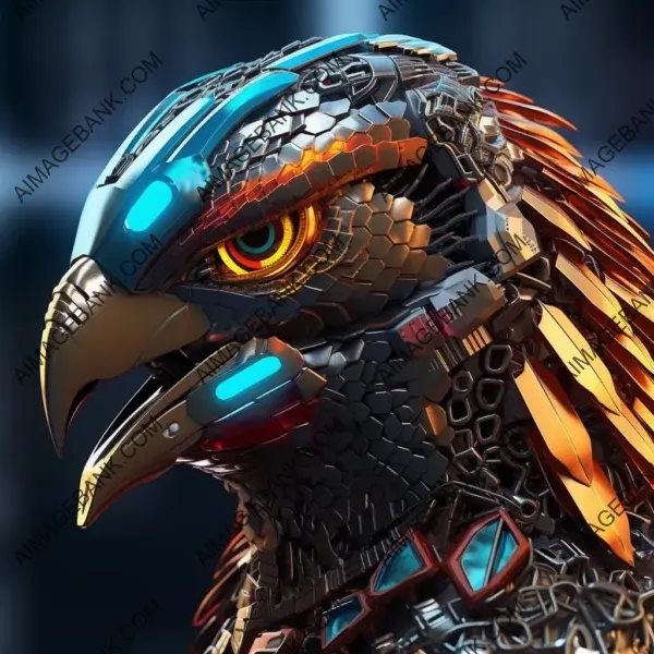 Robotic eagle head motif with a vibrant and colorful design