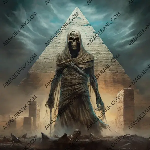 Pyramid-style representation of a mummy in the foreground