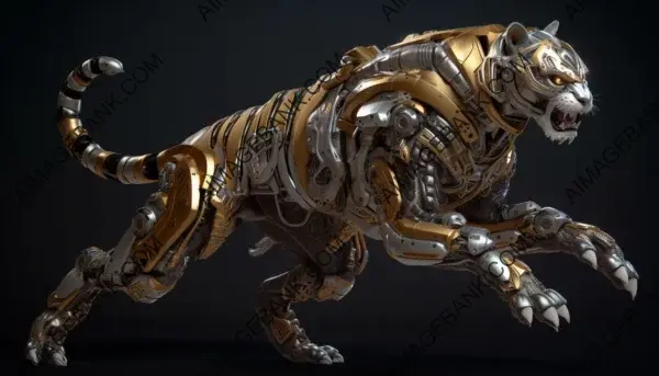 Steampunk-style shiny body of a jumping tiger robot