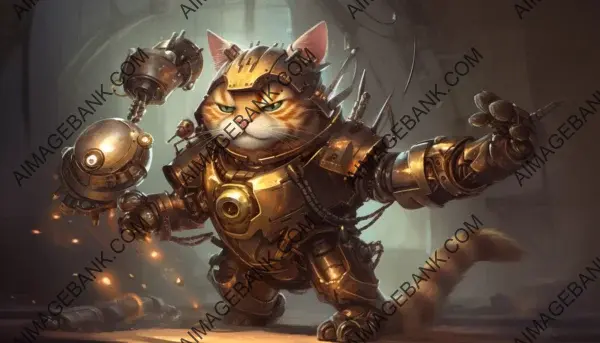 Robot cat body in a steampunk-style catching a mouse