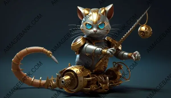 Robot cat body in a steampunk-style capturing a mouse