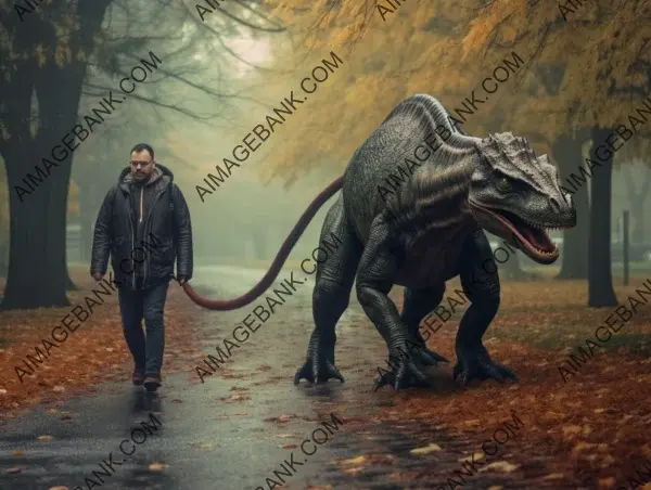 Man Walking Dinosaur on Leash