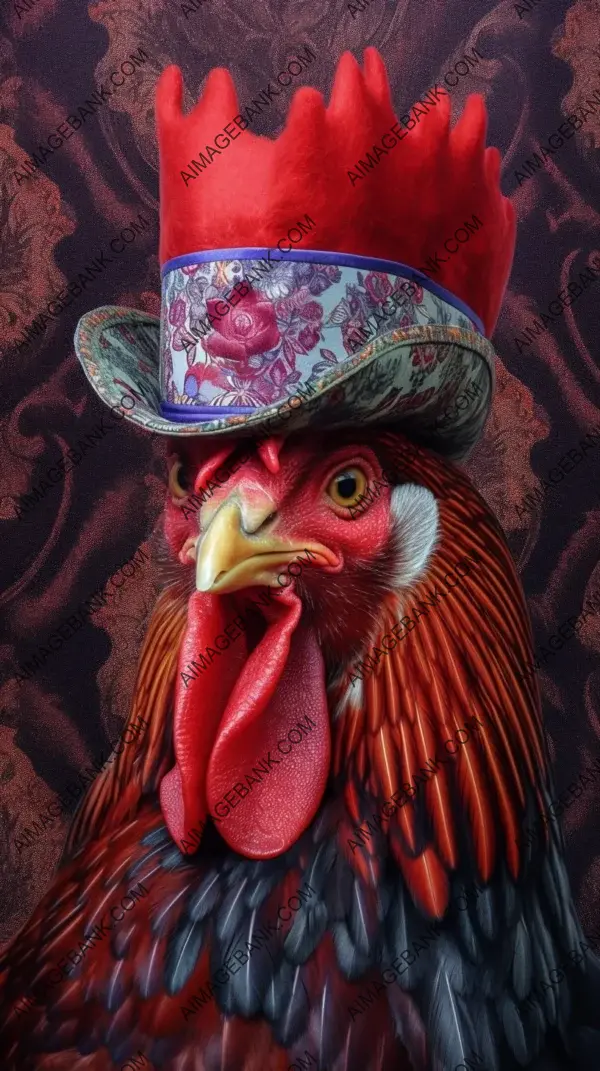 Real Photography of a Rooster Wearing a Red Hat on a Colorful Background