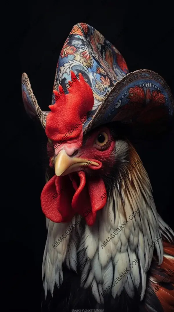 Real Photography of a Rooster Wearing a Red Hat against a Colorful Background