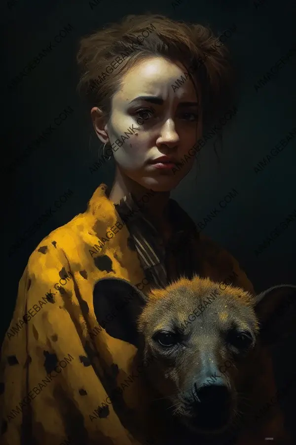 Unconventional friendship: Girl standing near a hyena in a captivating painting