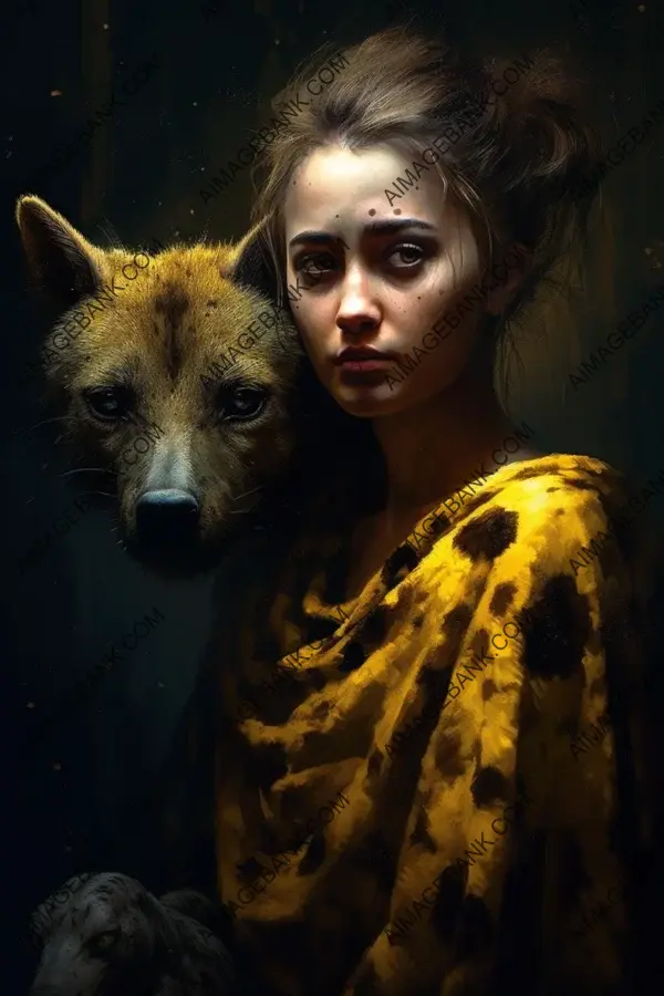 A tale of unlikely companions: Girl and hyena meet in a captivating painting