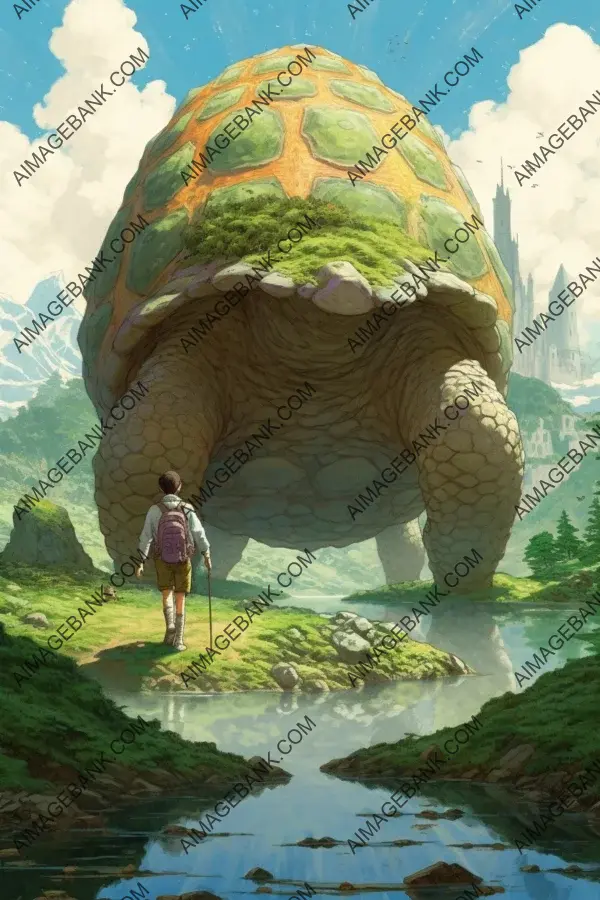 Unveiling the majestic: Person meets a giant turtle in a captivating portrait