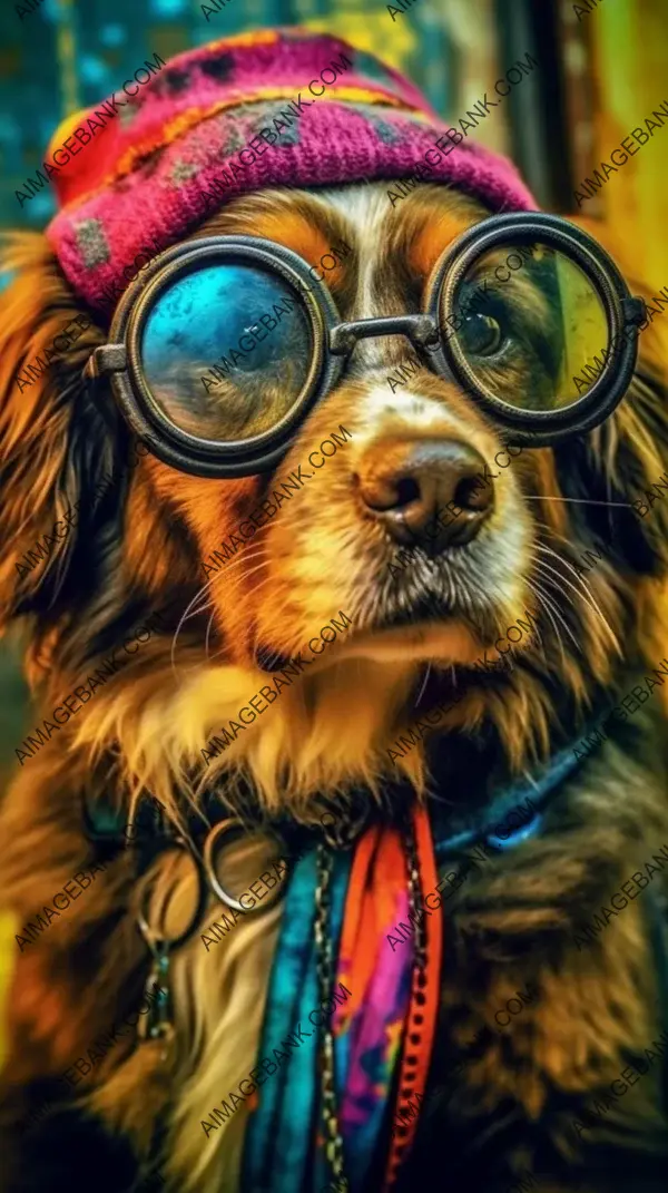 Canine fashionista: Hippy pup with colorful glasses and a vibrant backdrop