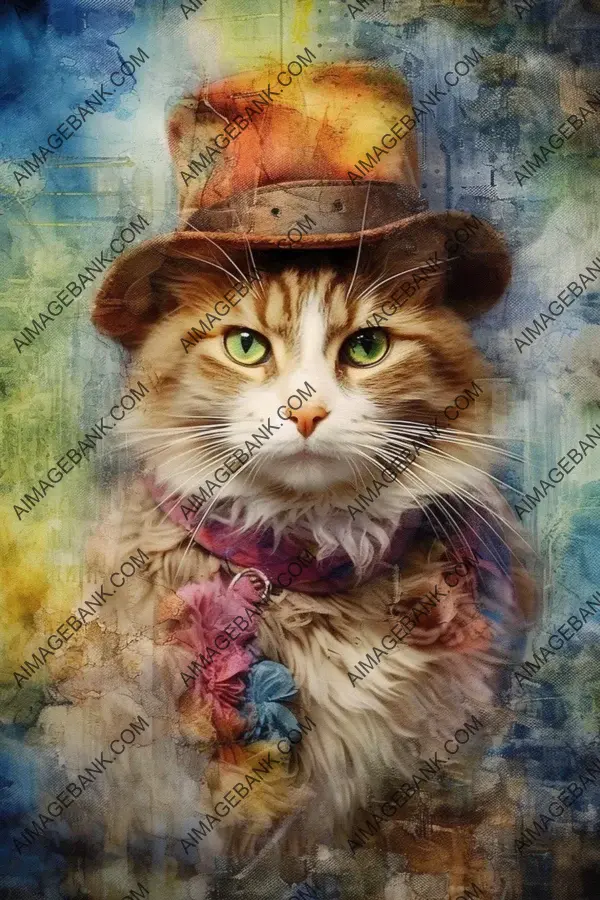 Alcohol ink and impasto: Cat with a hat and scarf in a striking artwork