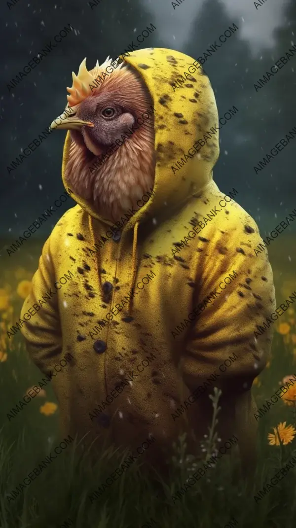 Cheerful chicken in yellow rain hoodie: Dancing among dandelion fields