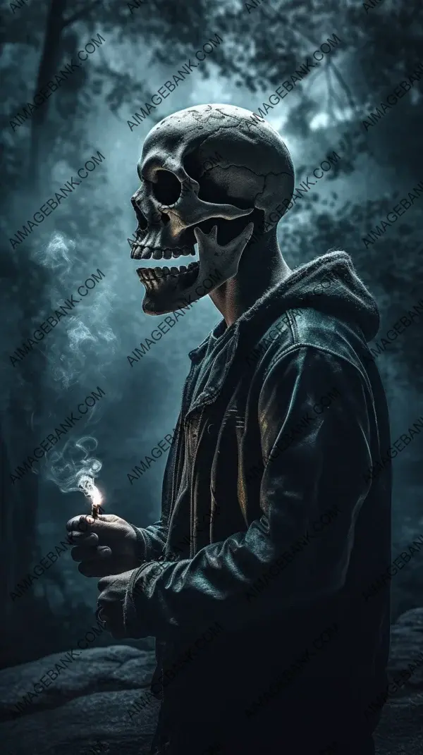 Dark art: Grief-stricken skull-headed man smoking