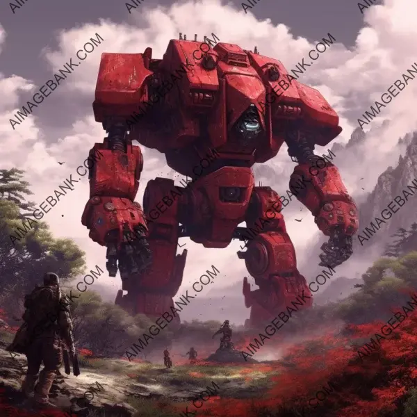 Captivating digital illustration featuring a crimson mech in an enigmatic setting