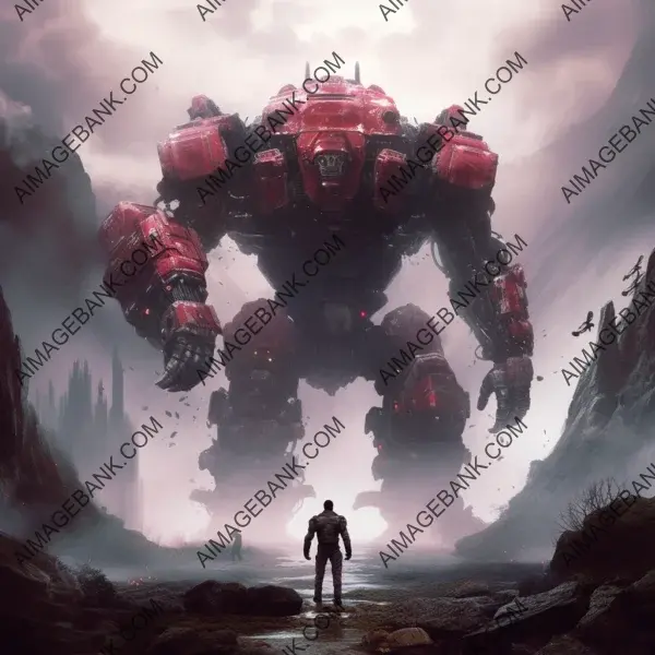 Enigmatic digital artwork portraying a mesmerizing crimson mech