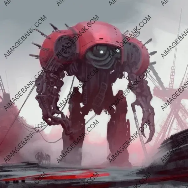 Mesmerizing digital artwork featuring a mysterious crimson mech