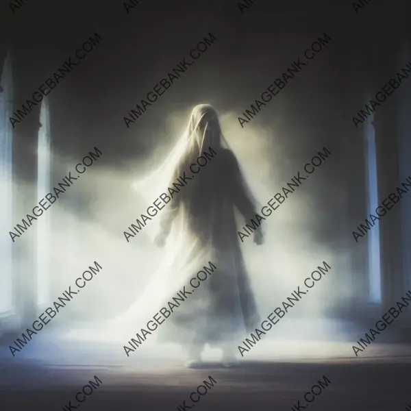 Dramatic lighting enhances the ethereal human form emerging from fog