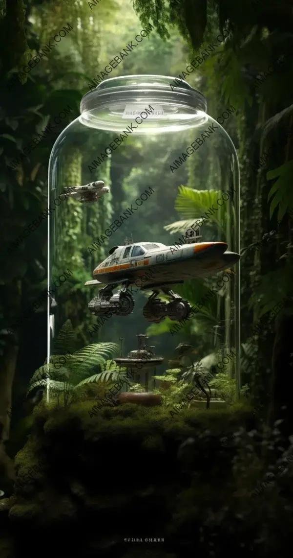 Dramatic scene featuring a rainforest entangling a trapped X-wing fighter from Star Wars