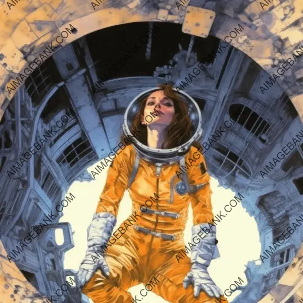 A girl wearing a torn spacesuit, exposing the bottom part