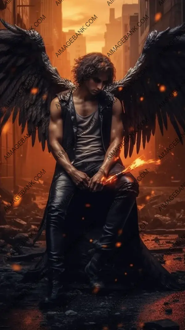 In the Midst of a Burning City: Dark and Strong Fallen Male Angel