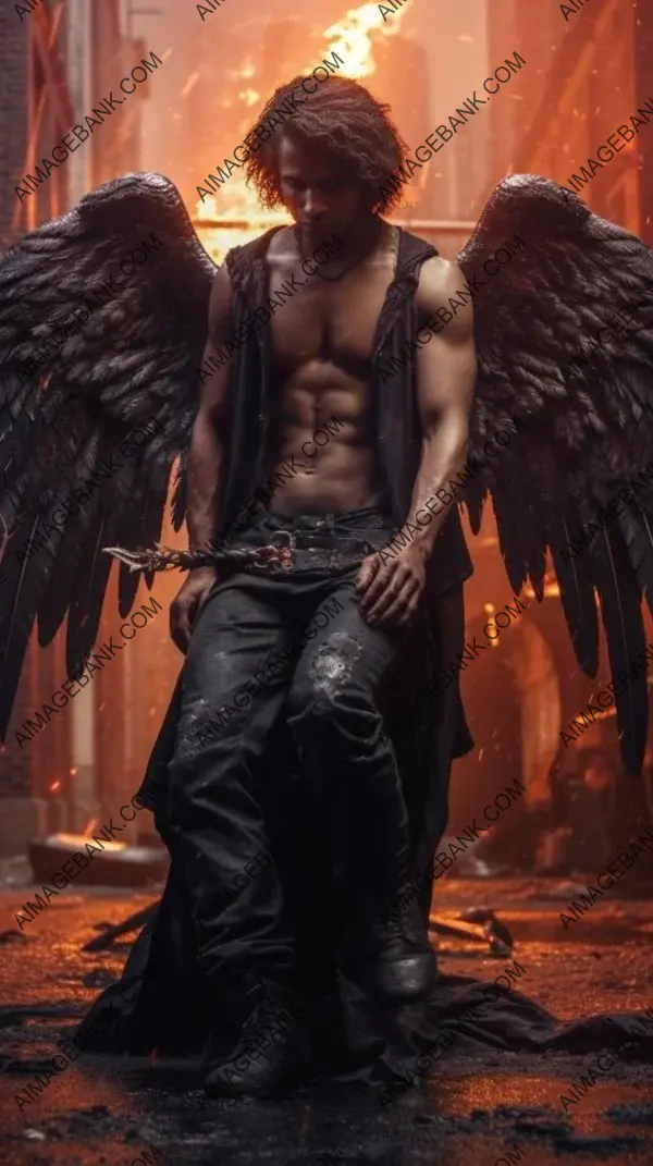 Captivating Darkness: Fallen Male Angel Amidst a Burning City