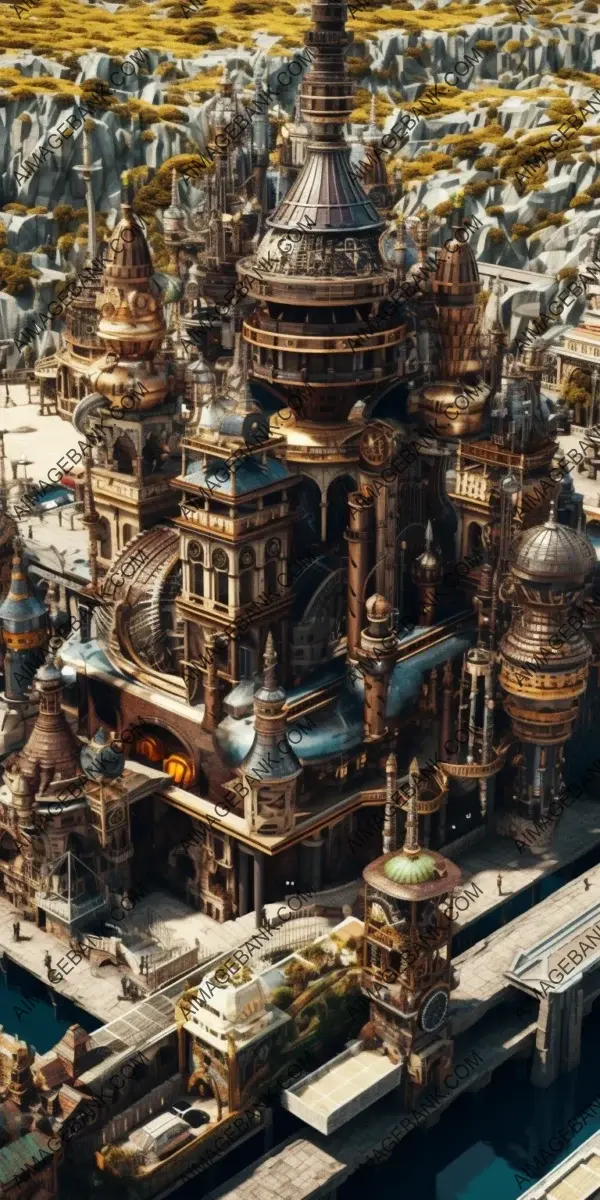 Hyperdetailed Drone View: A Steampunk Mechanical Castle Unveiled