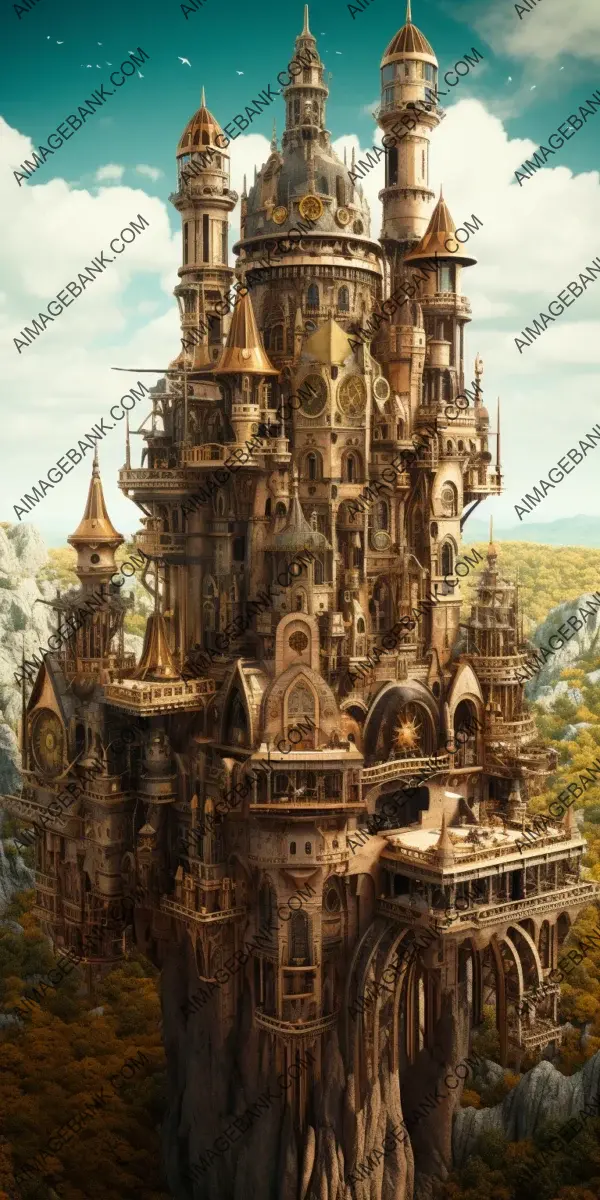 Discover the Intricacies: Hyperdetailed Drone View of a Steampunk Mechanical Castle