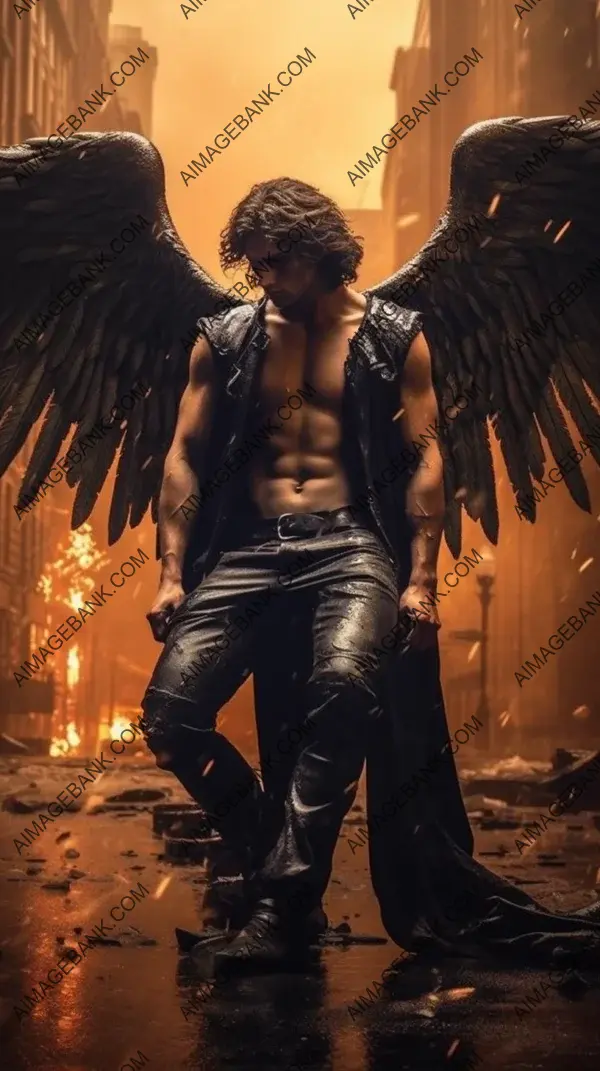 Embracing Darkness: Strong Fallen Male Angel in a Burning City