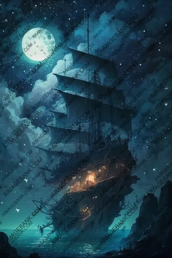 Night Seascape Anime Art Pirate Ship Adventure