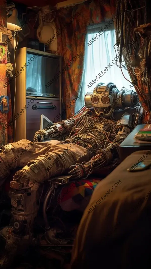 Fear-stricken robot lying in bed, haunted by nightmares