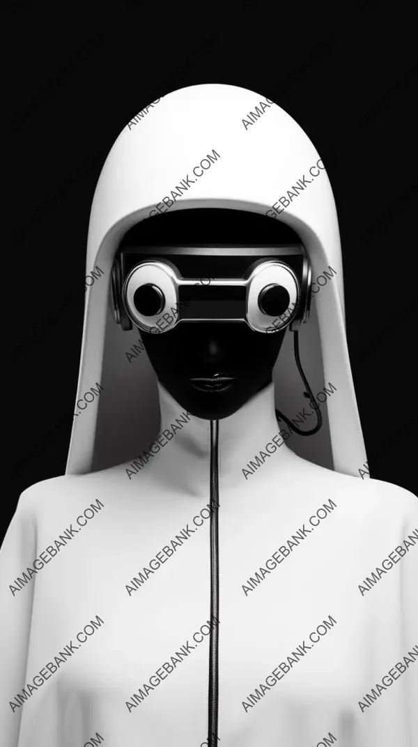 Stoic robotic nun portrayed in black and white with a touch of style