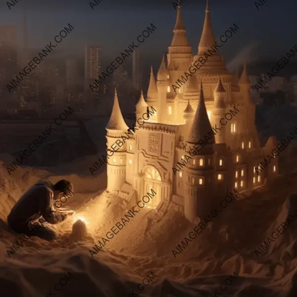 Sandman constructing sandcastle amidst modern city towers