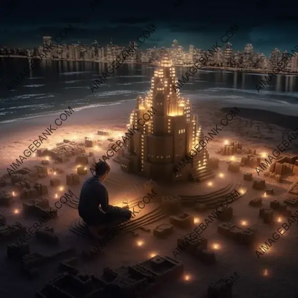 Sandman building sandcastle as towering city structures rise