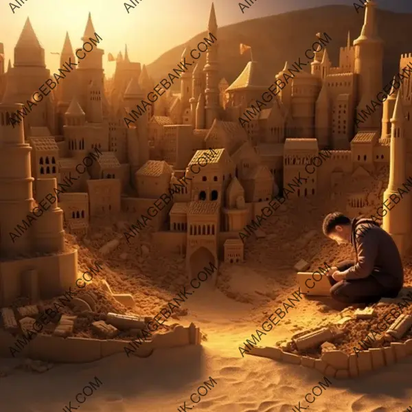 Sandman creating sandcastle against a backdrop of towering city buildings