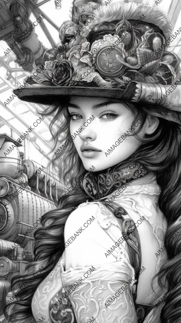 Steampunk Train Travel with Attractive Woman Portrait