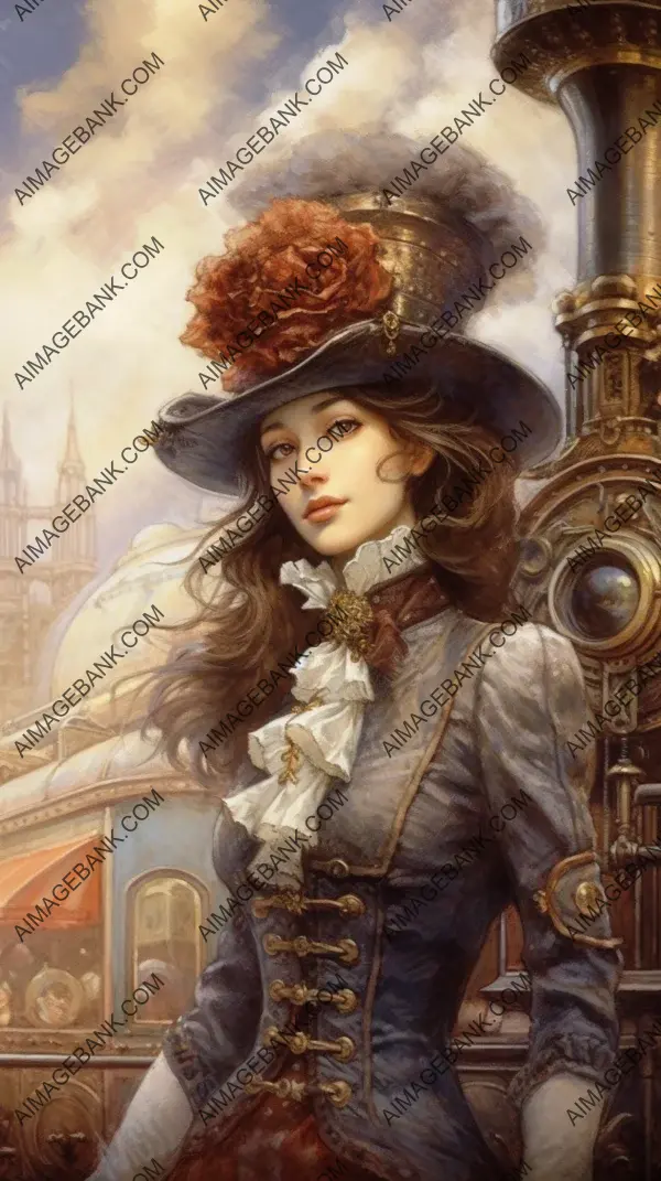 Attractive Woman Portrait in Steampunk Train Travel