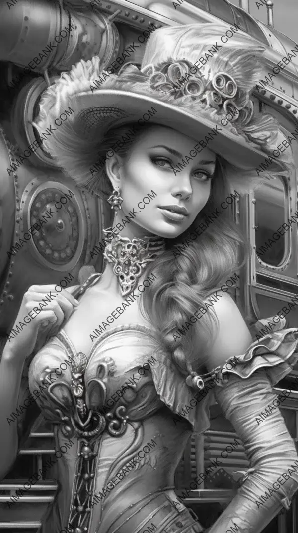 Steampunk Train Travel with Attractive Woman Portrait