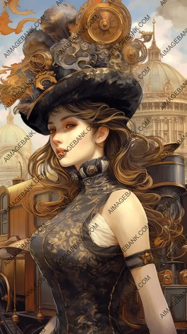 Steampunk Train Travel with Attractive Woman Portrait