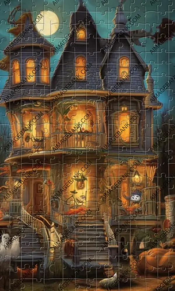 100&#215;103 Style Puzzle of a Halloween-Themed House