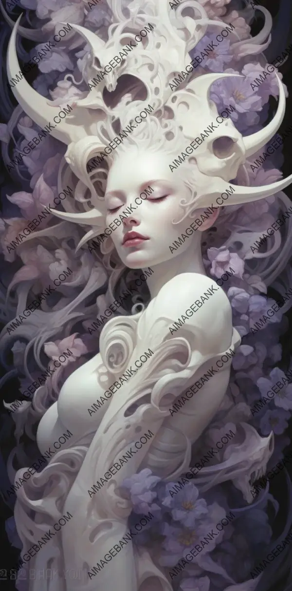 Horned woman adorned with purple flowers around her &#8211; art