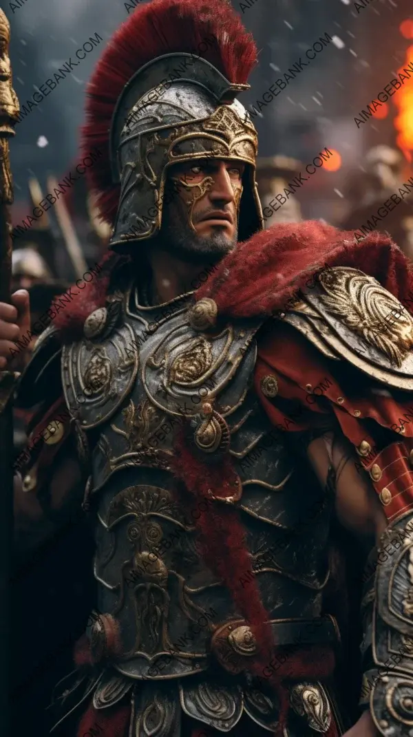 Full body cinematographic view of a Roman centurion wielding a sword in 8K