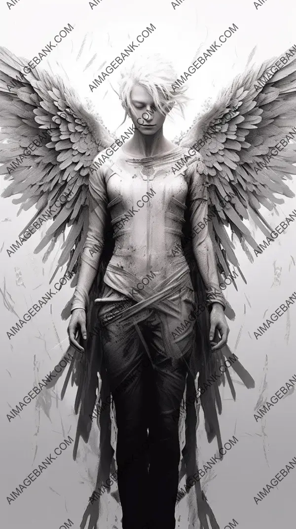 Archangel&#8217;s Line Art: Tattoo Style with a White Background, Simple and Elegant