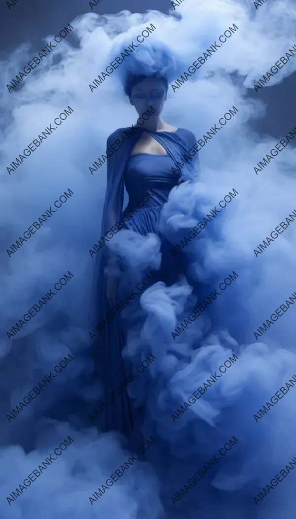 Ethereal image of a woman with synthetic ultramarine blue smoke