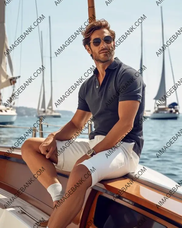 Embark on a fashion voyage with a fit tanned man wearing an off-white polo and sailboat backdrop